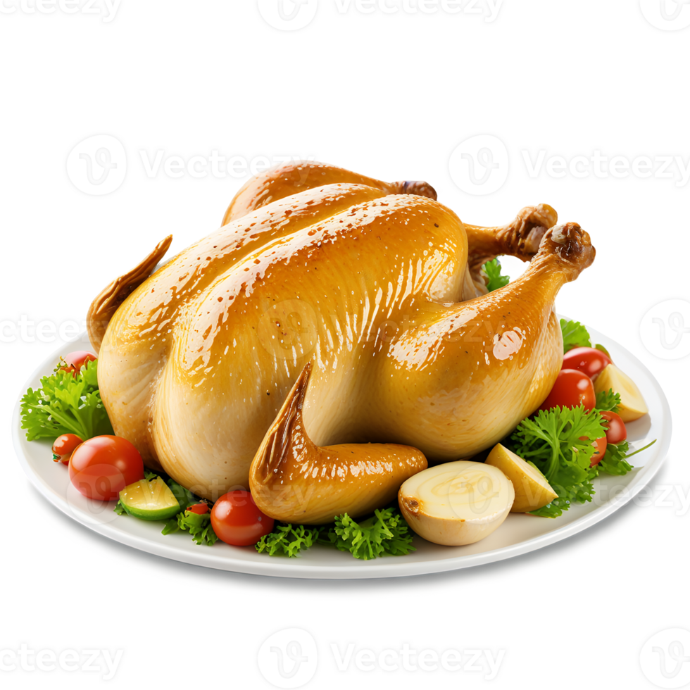 A large chicken on a plate with vegetables png