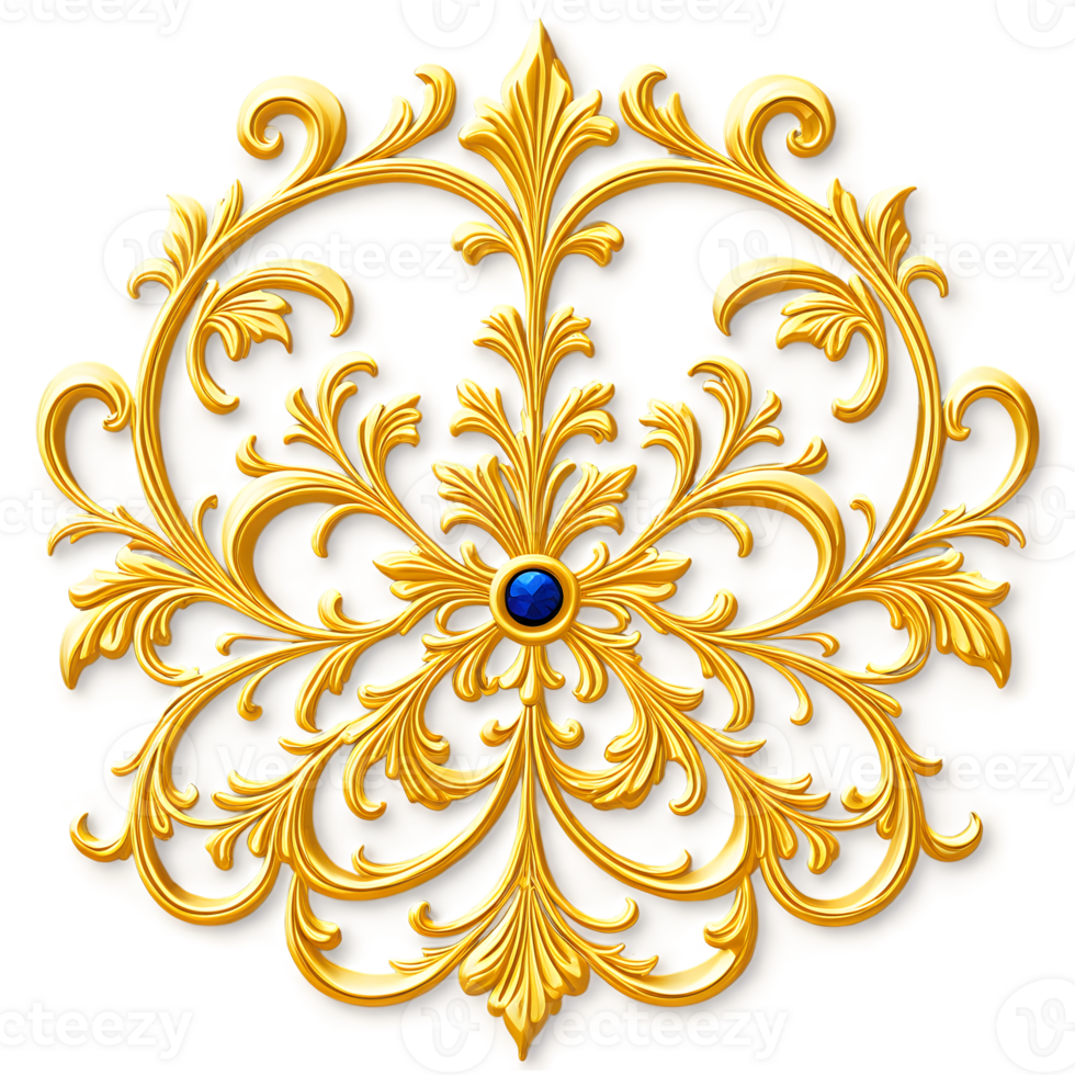 Golden ornate pendant with blue stone png