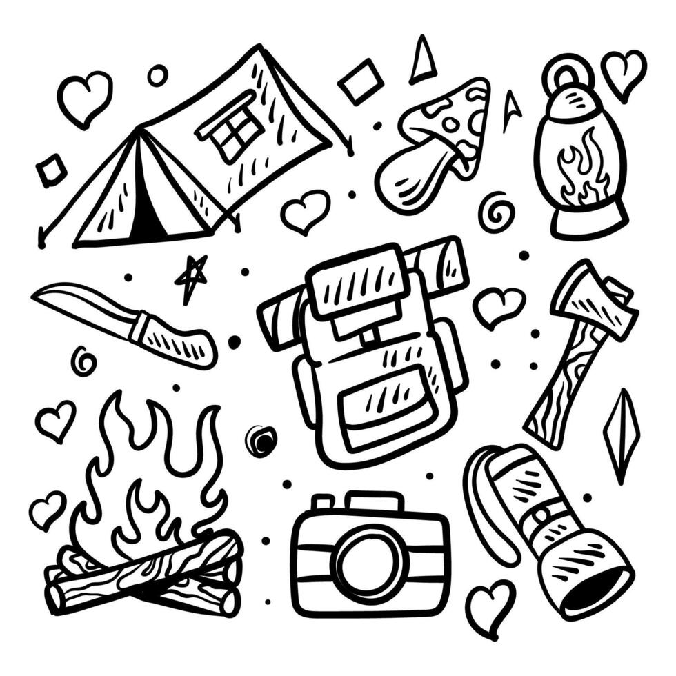 Camping element doodle set illustration vector