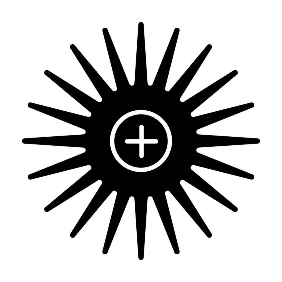 A black and white icon of a sun with a cross on it vector