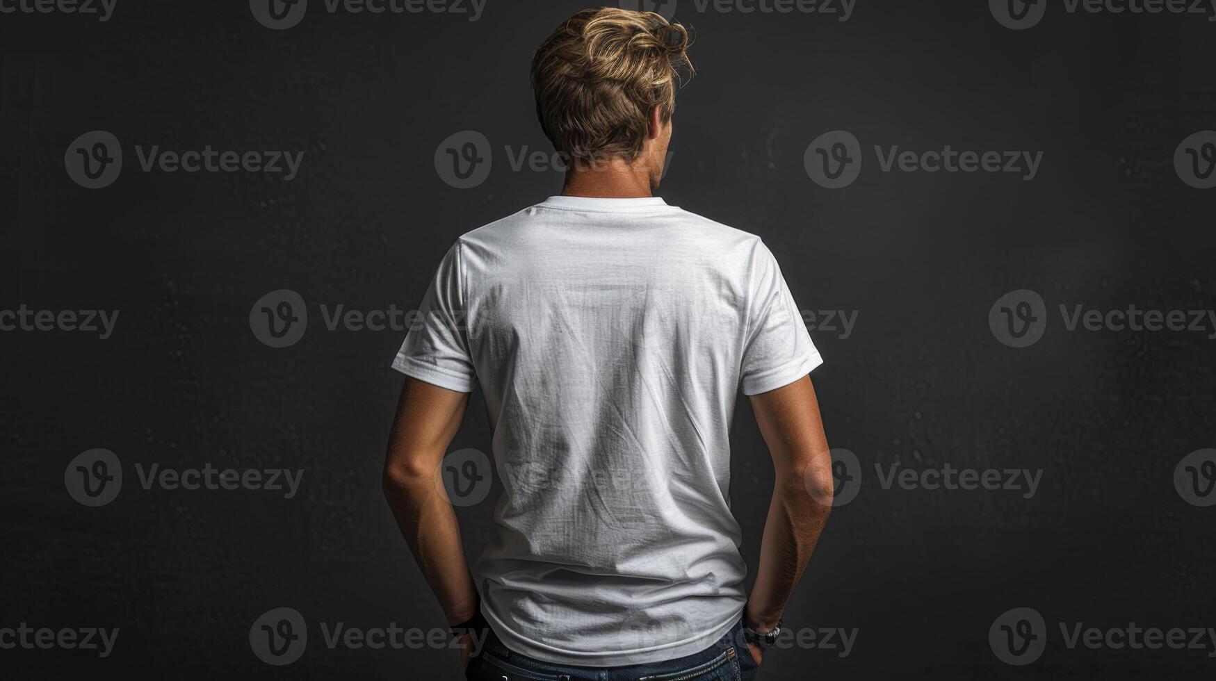Back view of a man in a white t-shirt standing in front of a black wall photo