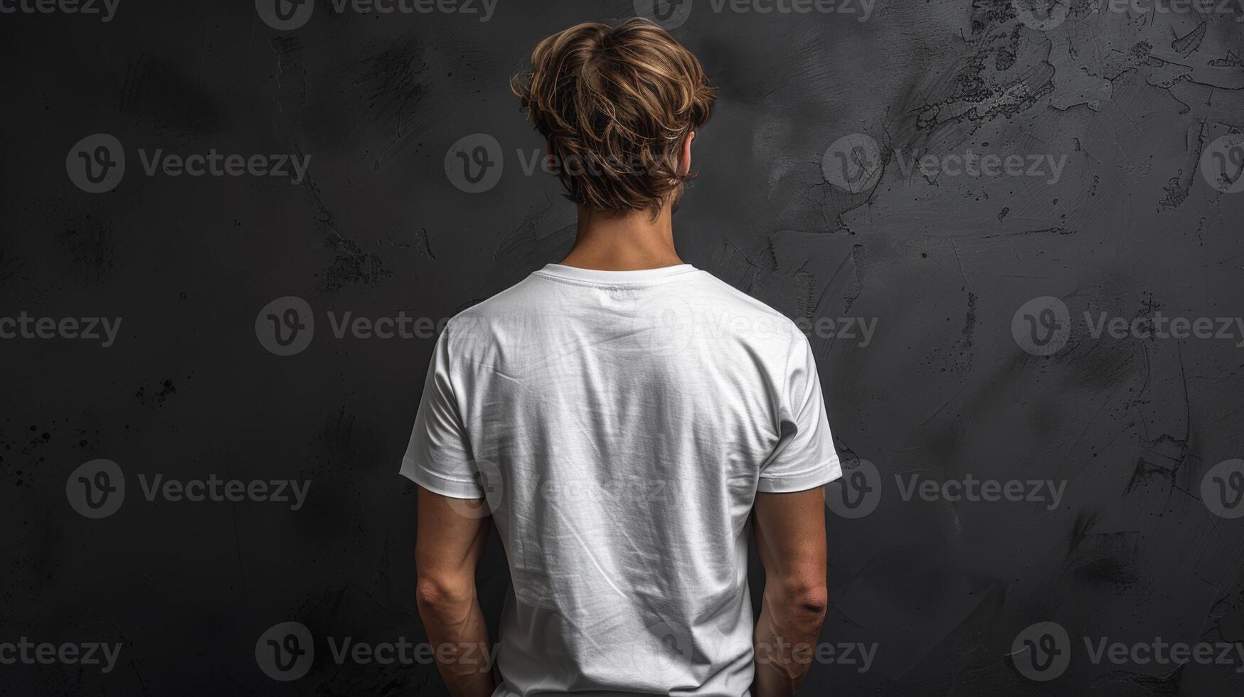 Back view of a man in a white t-shirt standing in front of a black wall photo