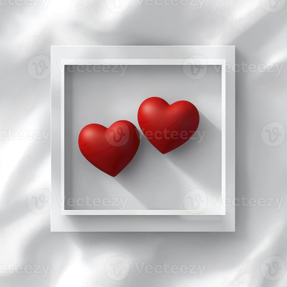 Two red hearts in a white frame on a white background photo