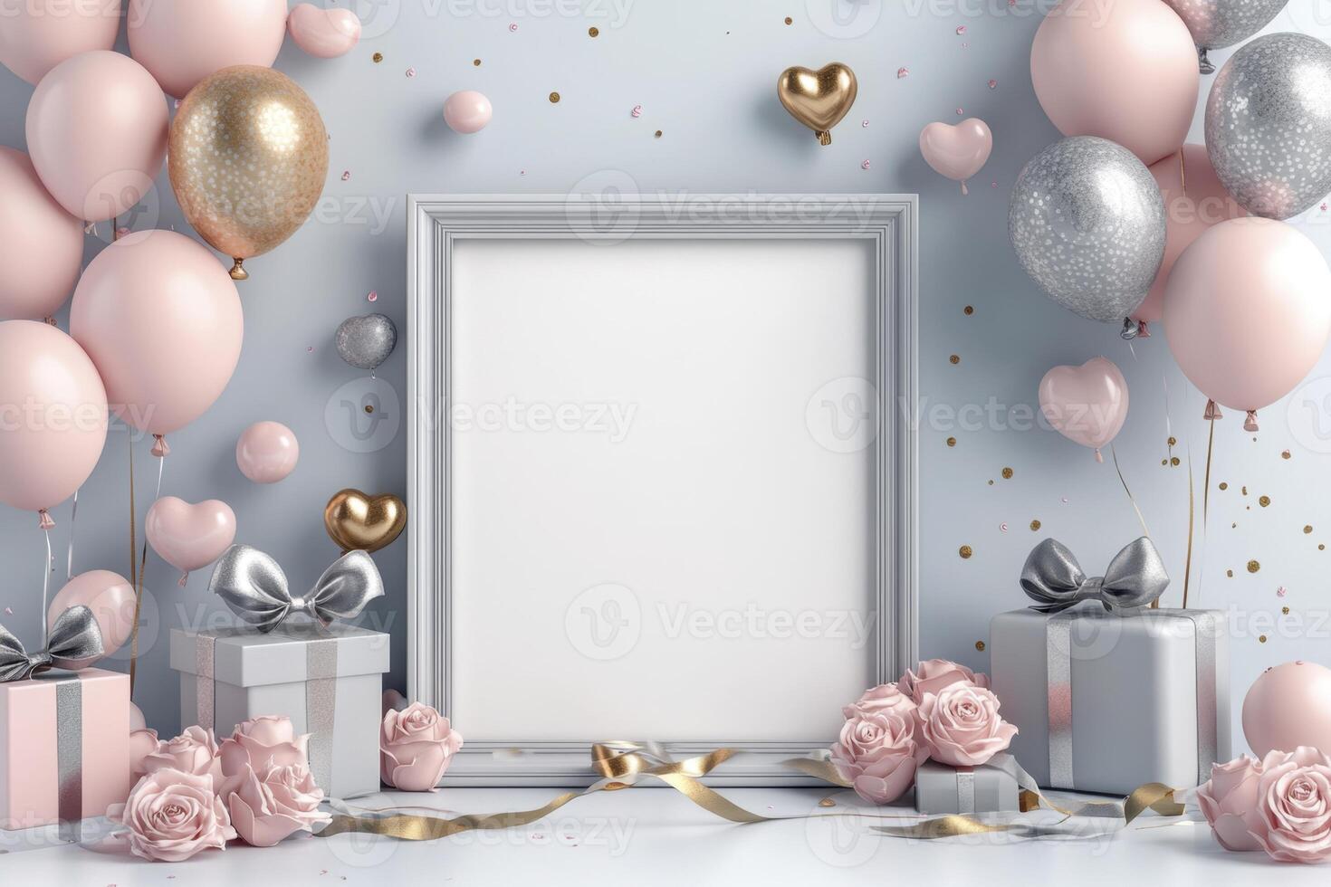 Blank frame with pink balloons and gifts on a gray background photo