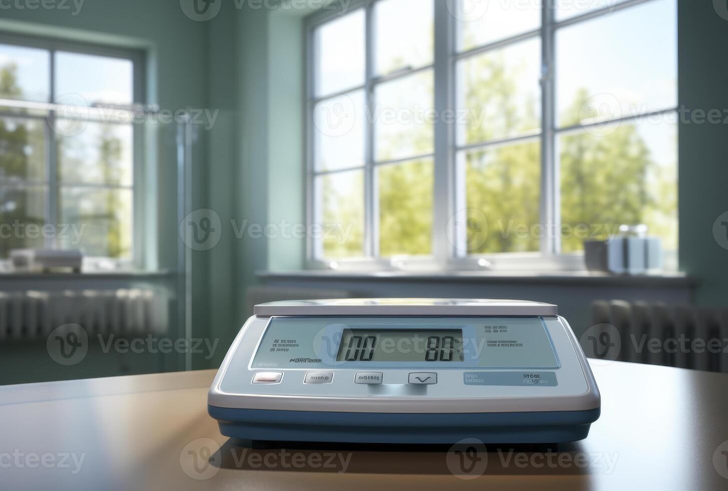 A modern digital kitchen scale on a wooden counter, with a window and a blurred background. photo