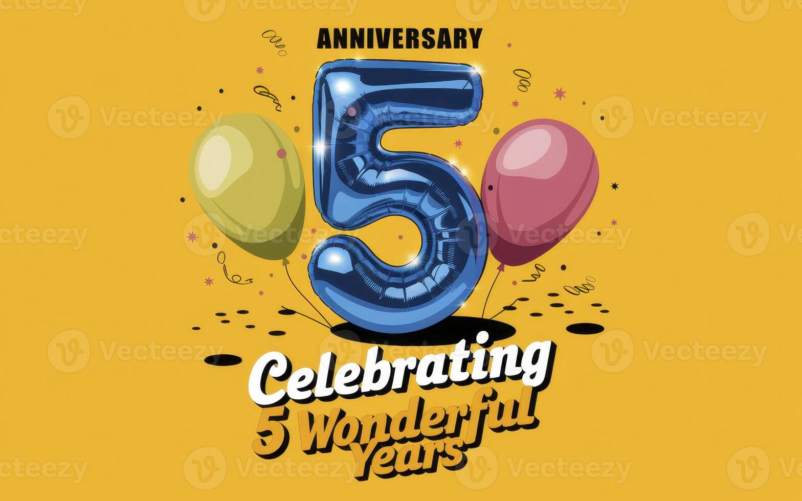 Celebrate 5 Wonderful Years with Balloons and Confetti on yellow background photo