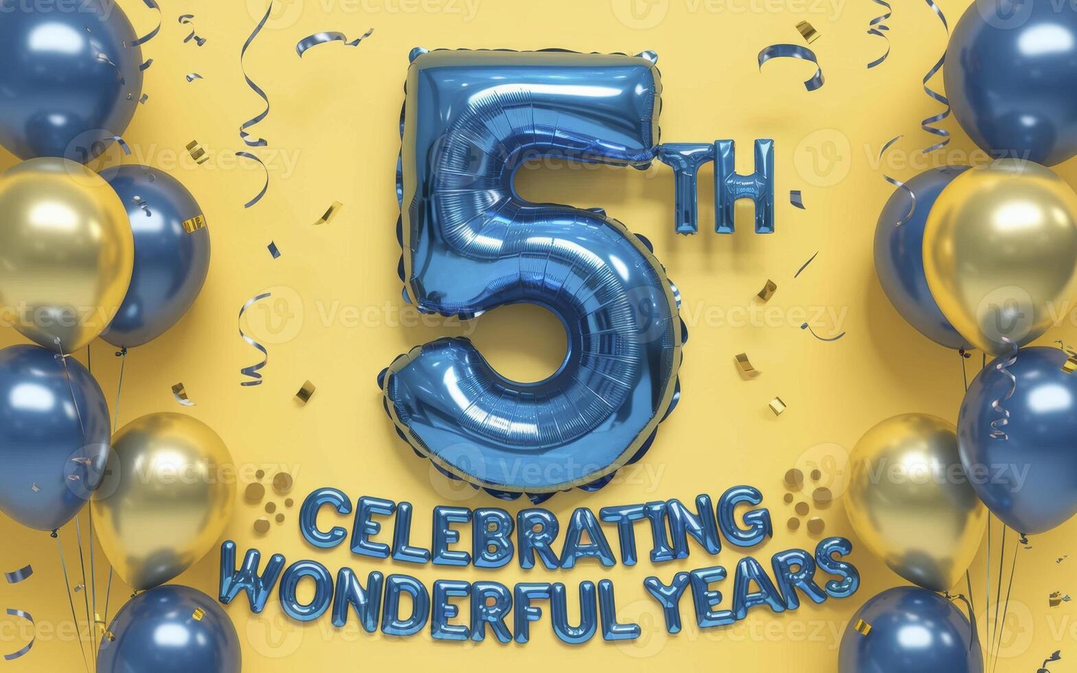 Celebrate a special 5th anniversary with this festive icon featuring a blue balloon number five and gold and blue balloons on a vibrant yellow background. photo