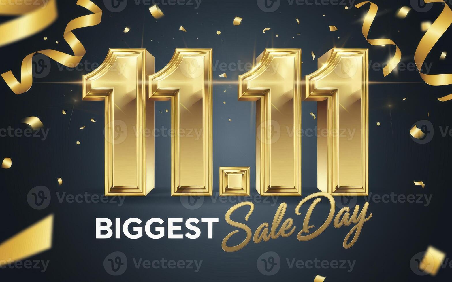 Golden 11.11 text with confetti and ribbons on a dark background photo