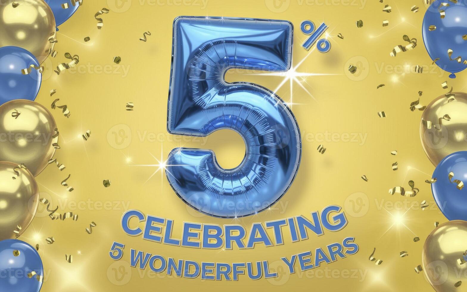 Celebrate a special 5th anniversary with this festive icon featuring a blue balloon number five and gold and blue balloons on a vibrant yellow background. photo