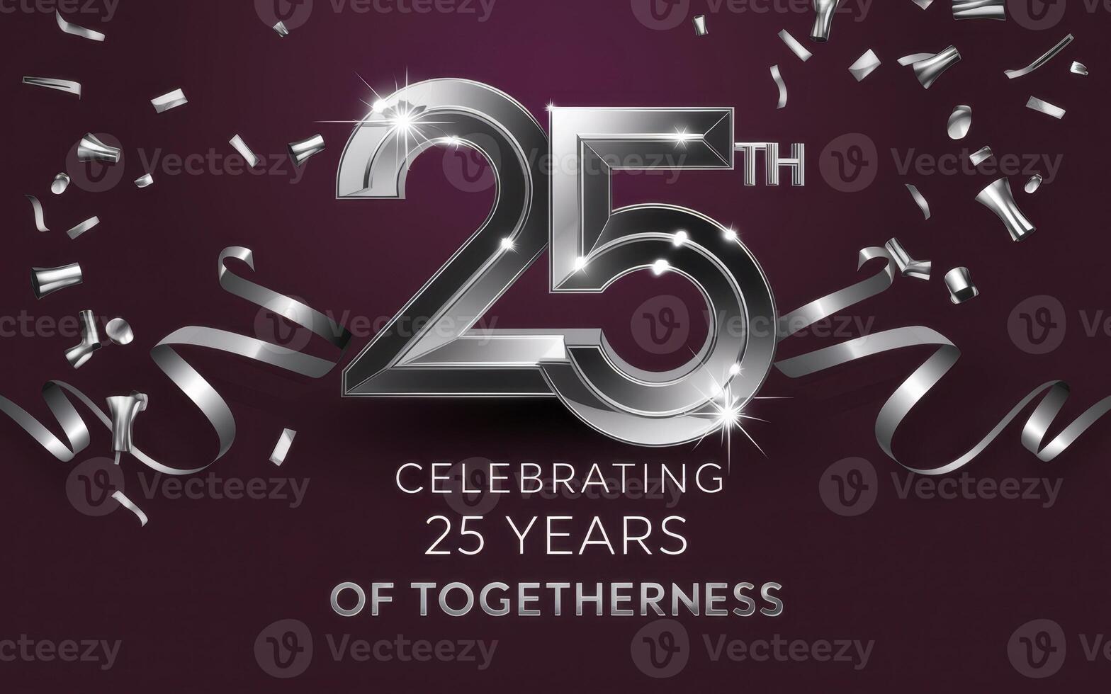 25th Years Anniversary Celebration Design. Silver number 25 with sparkling confetti and ribbons on burgundy background. photo