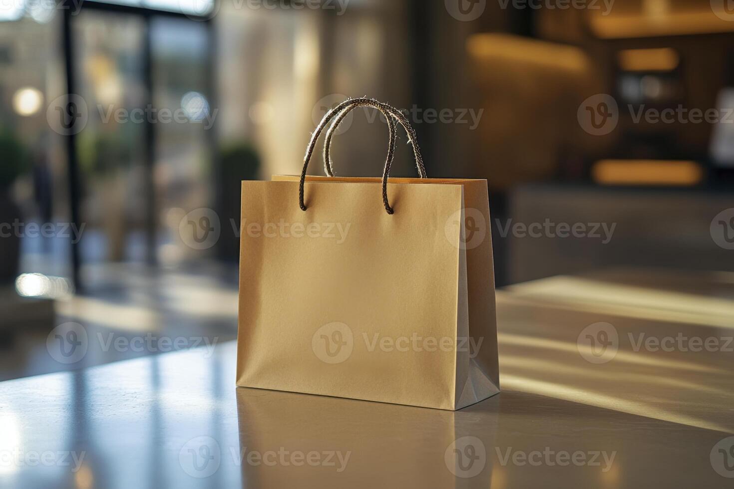 A brown paper bag sitting on a table in front of a window photo