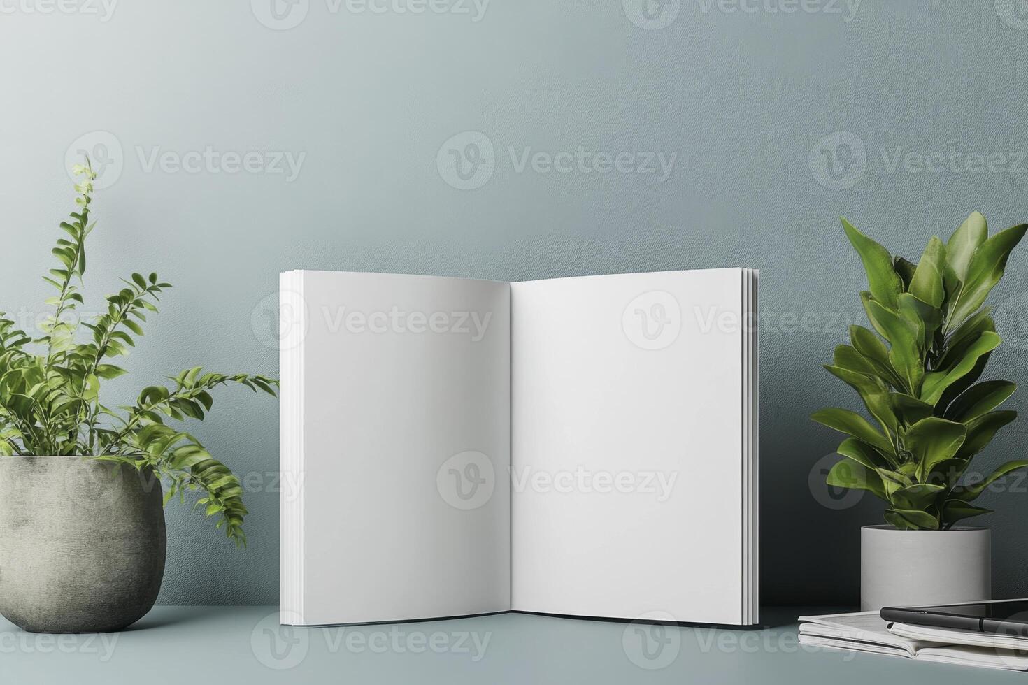 Blank Open Book Mockup on a light blue surface with potted plants photo