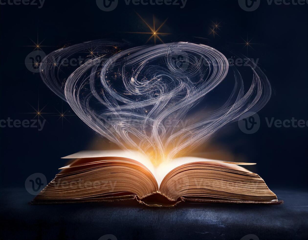 An open book emits glowing, magical swirls of light and sparkles, creating a mystical and enchanting atmosphere in the dark. photo