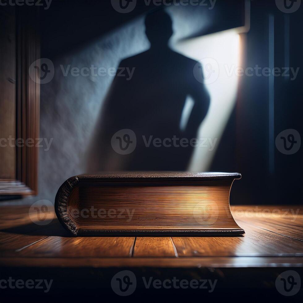 A dramatic scene with a large book on a wooden table, casting a shadow of a man on the wall in dim light. photo