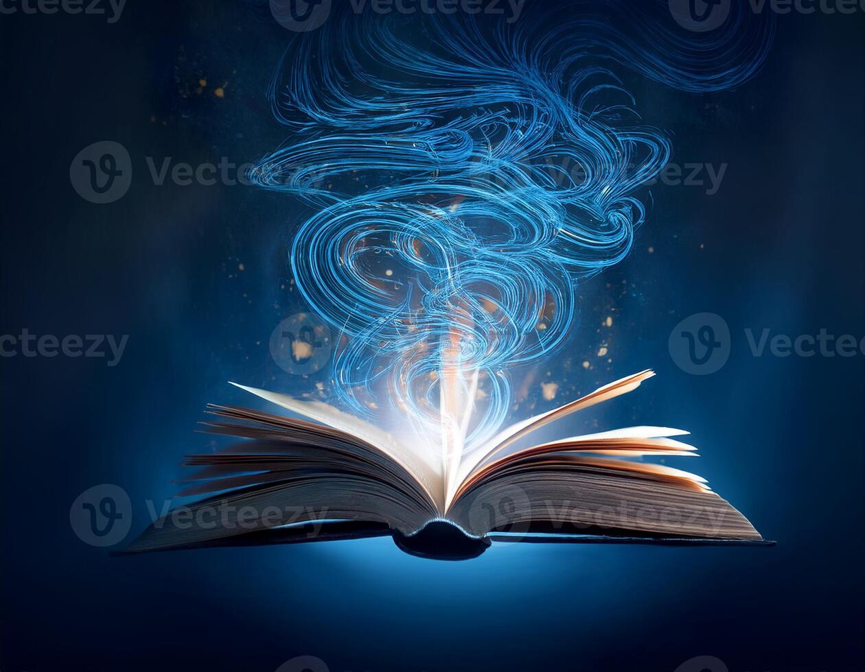 Open book emitting glowing blue swirls and mystical light, symbolizing imagination, fantasy, and the power of storytelling. photo