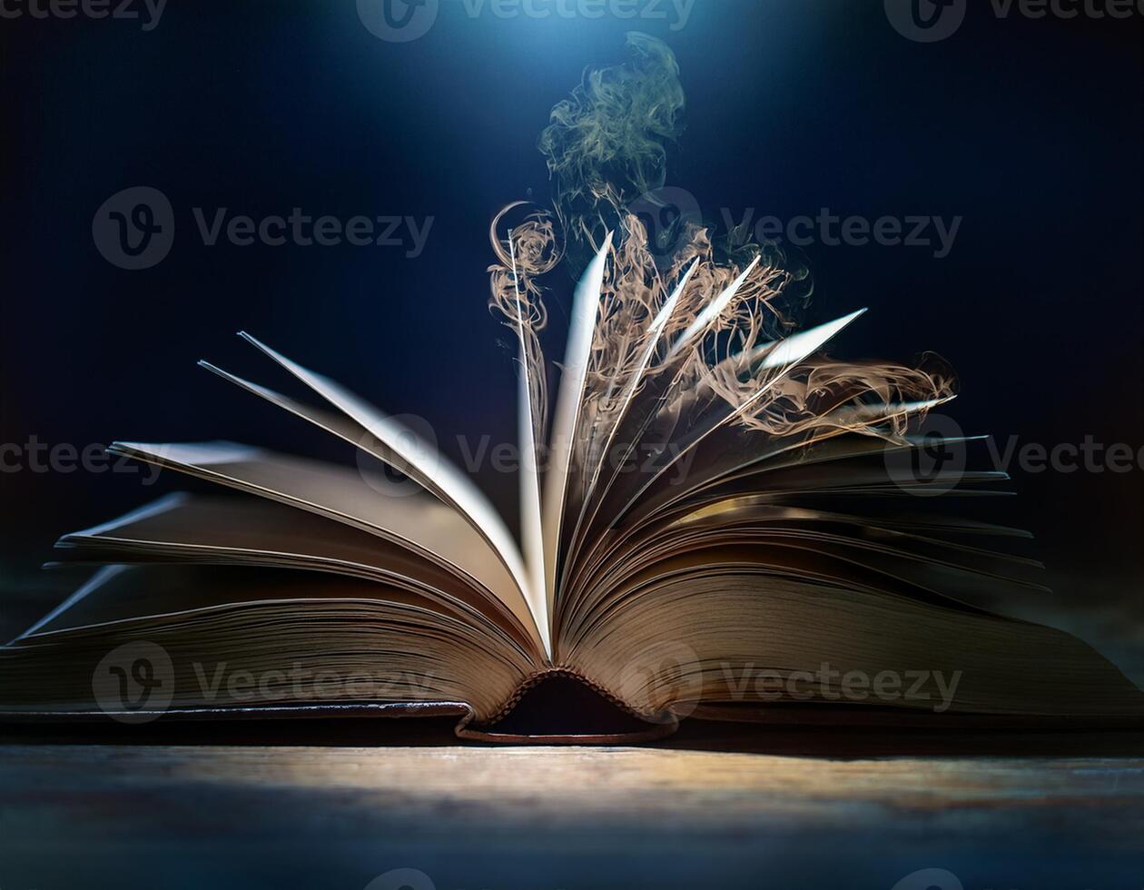 An open book with pages turning, surrounded by a mystical smoky aura, creating an atmosphere of magic and intrigue. photo
