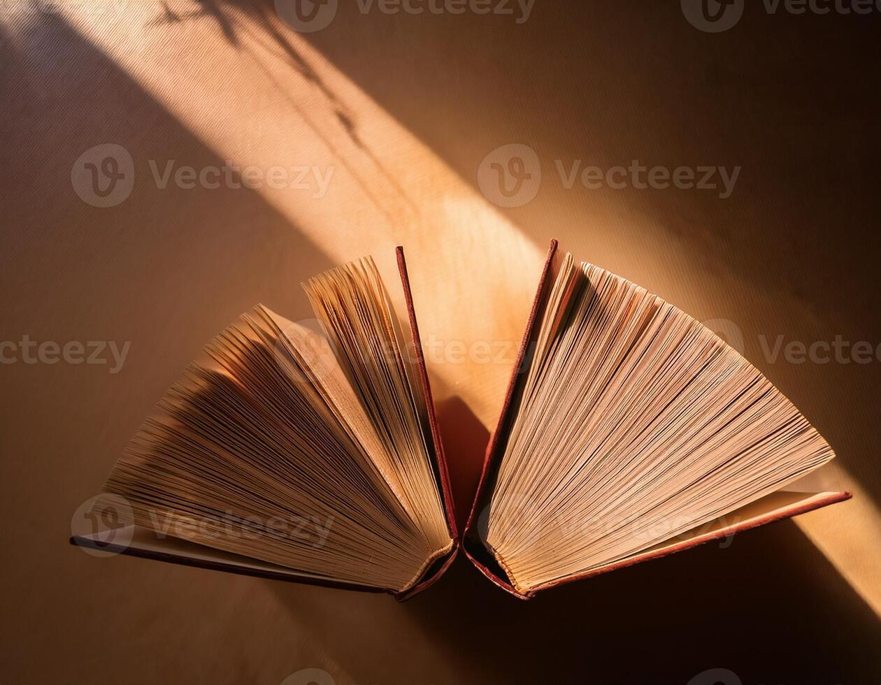 Open book with fanned pages illuminated by warm sunlight, casting soft shadows, creating a peaceful and contemplative mood. photo