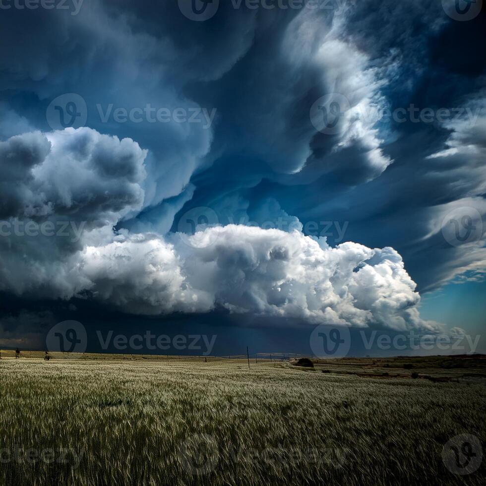 Massive dark storm clouds roll over a wide, open field, creating a dramatic and moody atmosphere in a rural landscape. photo