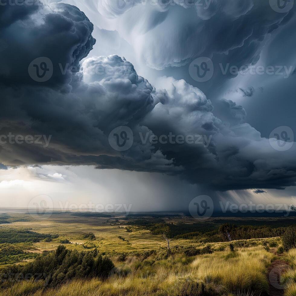 Massive dark storm clouds gather over a vast, open landscape with fields and distant rain, creating a dramatic weather scene. photo