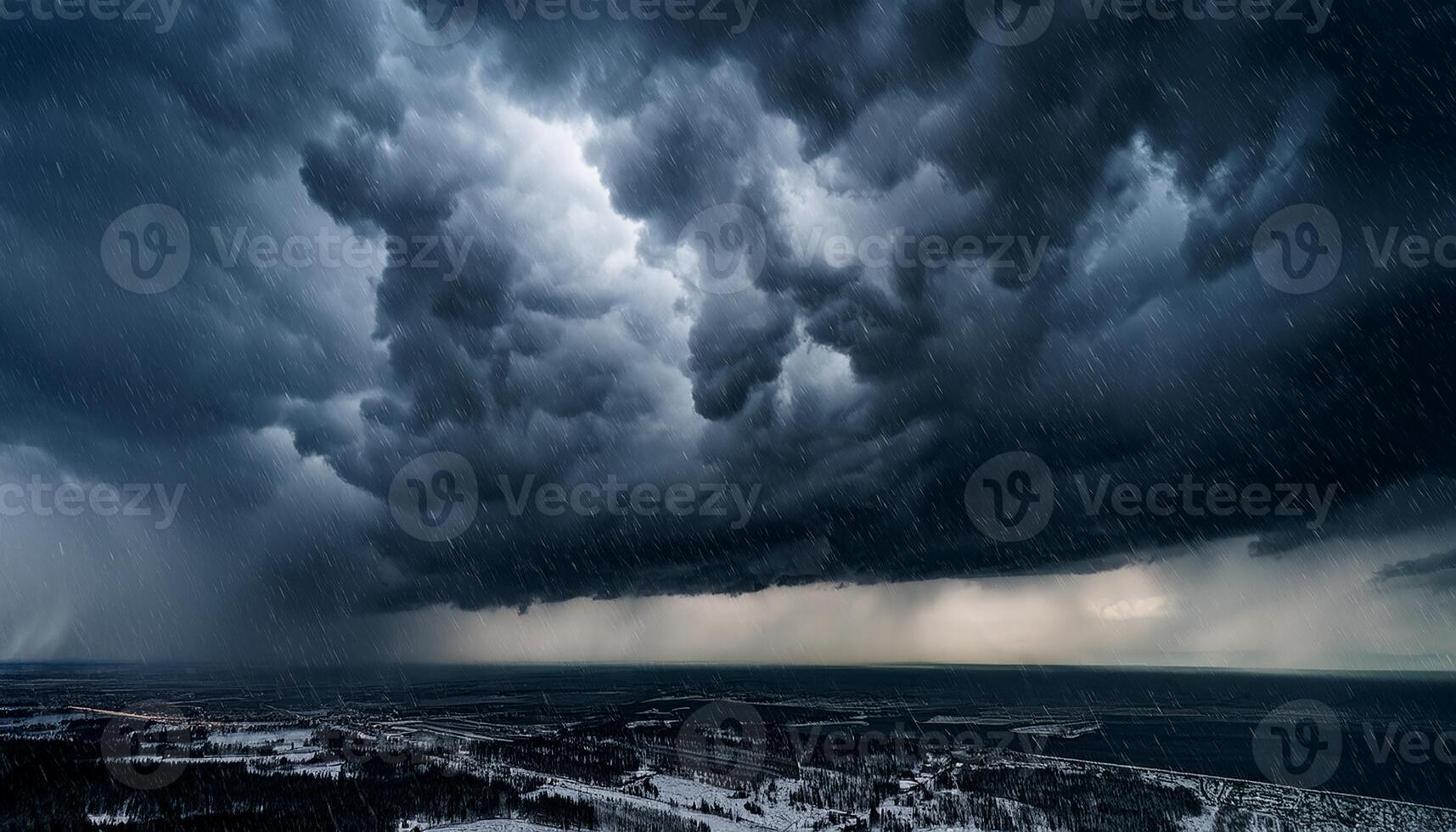Dramatic storm clouds gather over a snow-covered landscape, with heavy rain and intense lighting creating a moody atmosphere. photo