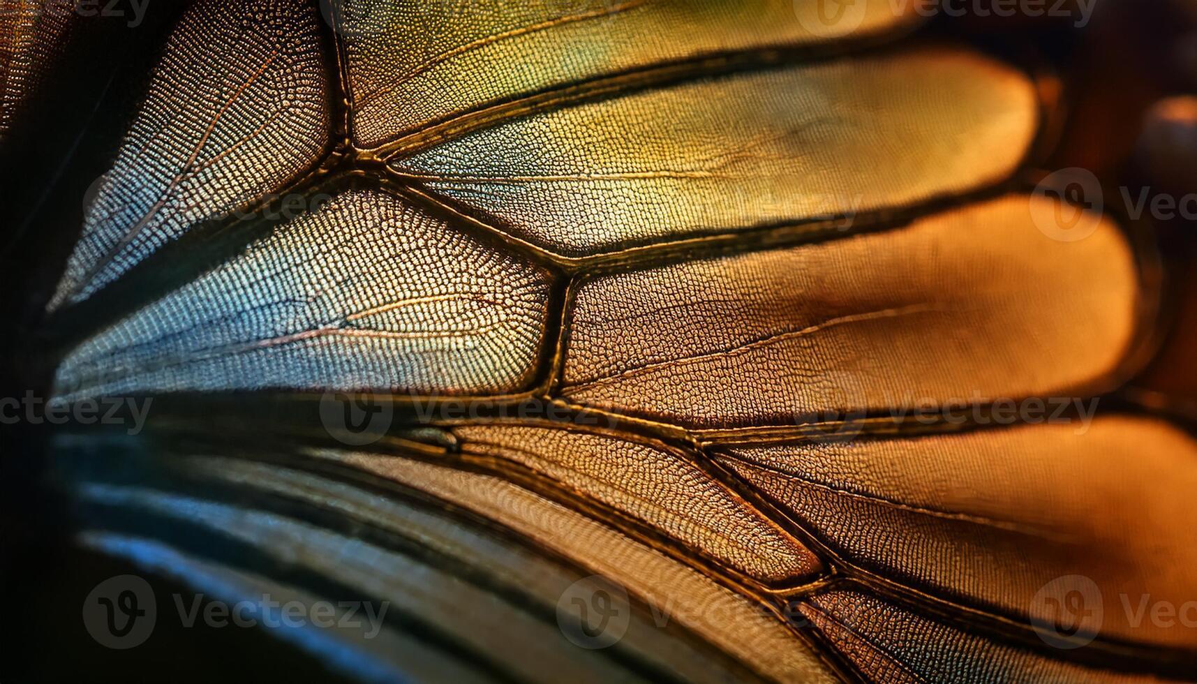 Macro shot of a butterfly wing showing intricate patterns, rich textures, and shimmering colors in golden and blue hues. photo