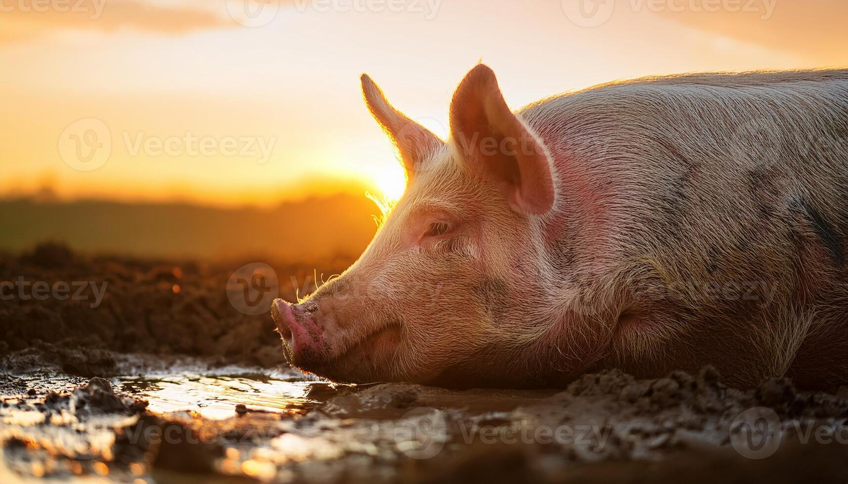 A pig lying in a mud puddle, enjoying the warmth of the setting sun, creating a peaceful rural scene in golden light. photo