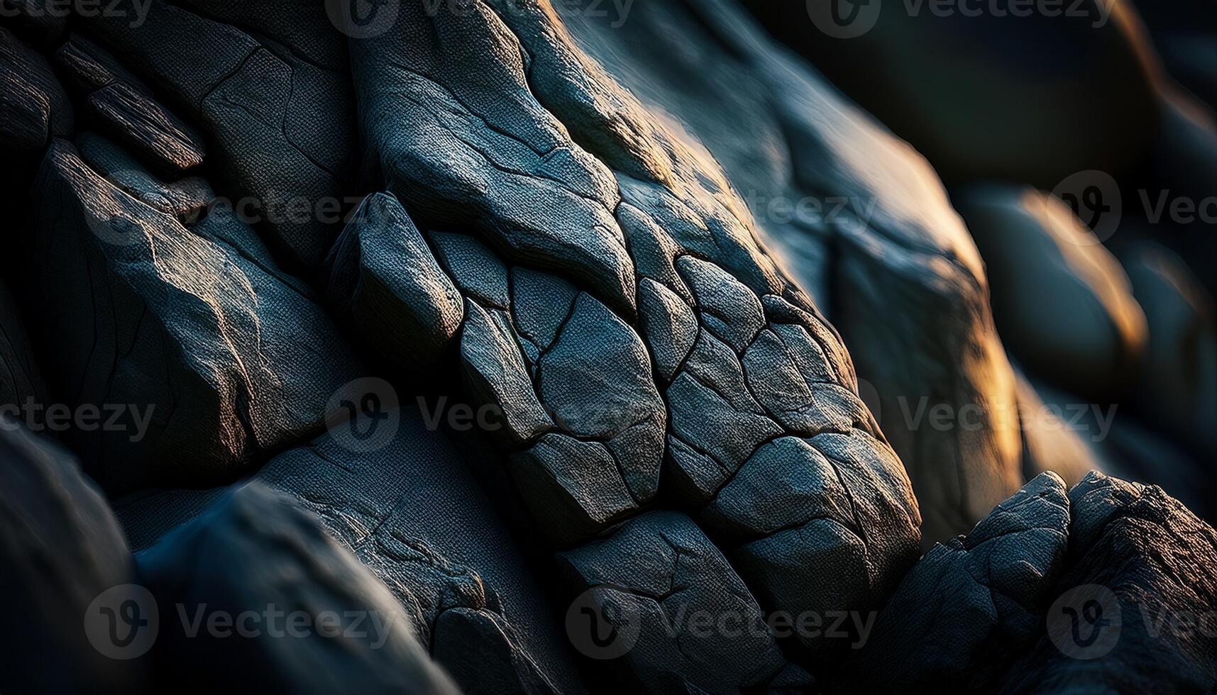 A detailed macro shot of rugged, cracked rock formations, showcasing the natural texture and weathering in dramatic light and shadow. photo
