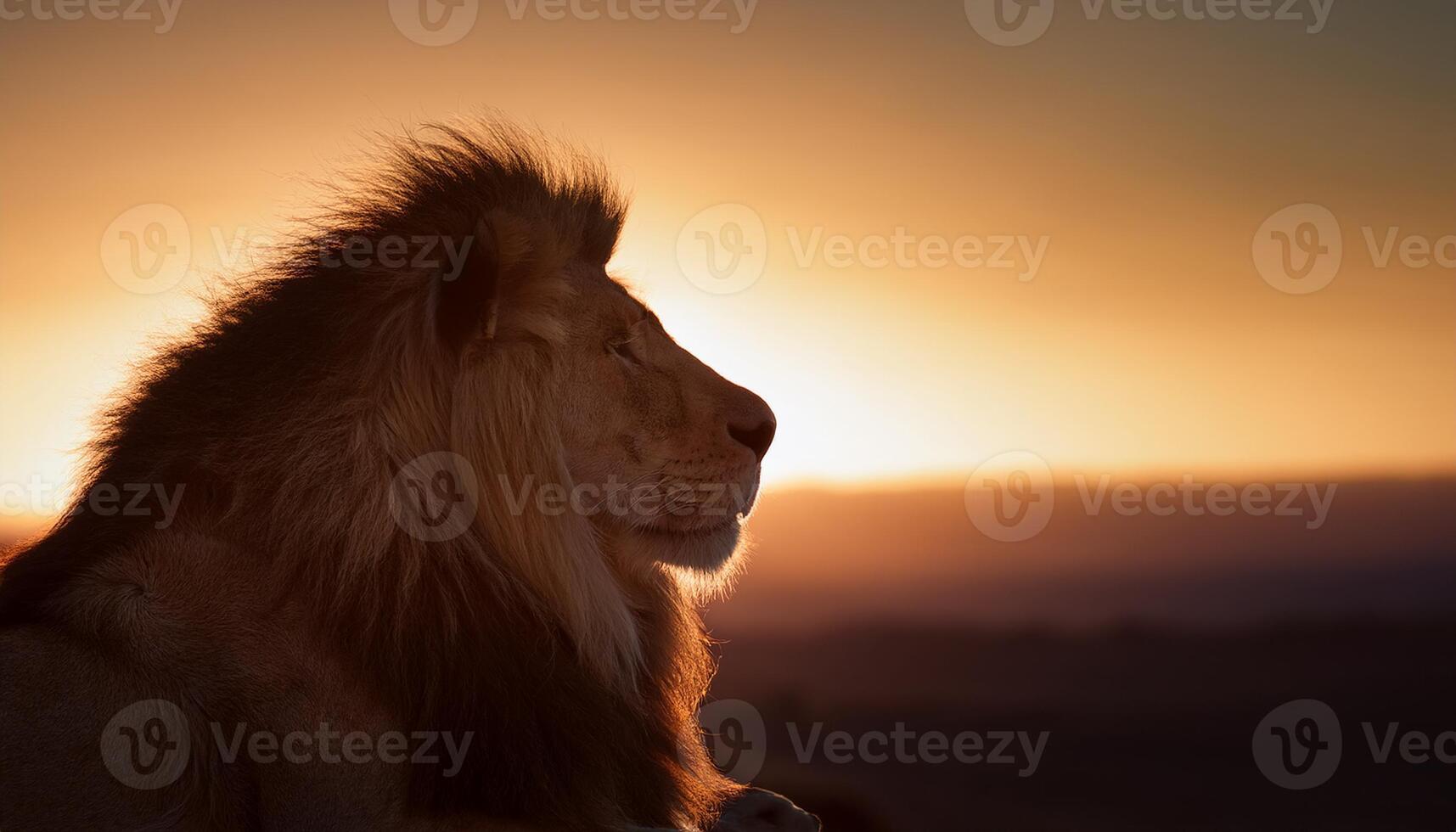 A majestic lion in profile, bathed in warm golden light during sunset, capturing the strength and tranquility of this iconic animal in a natural setting. photo