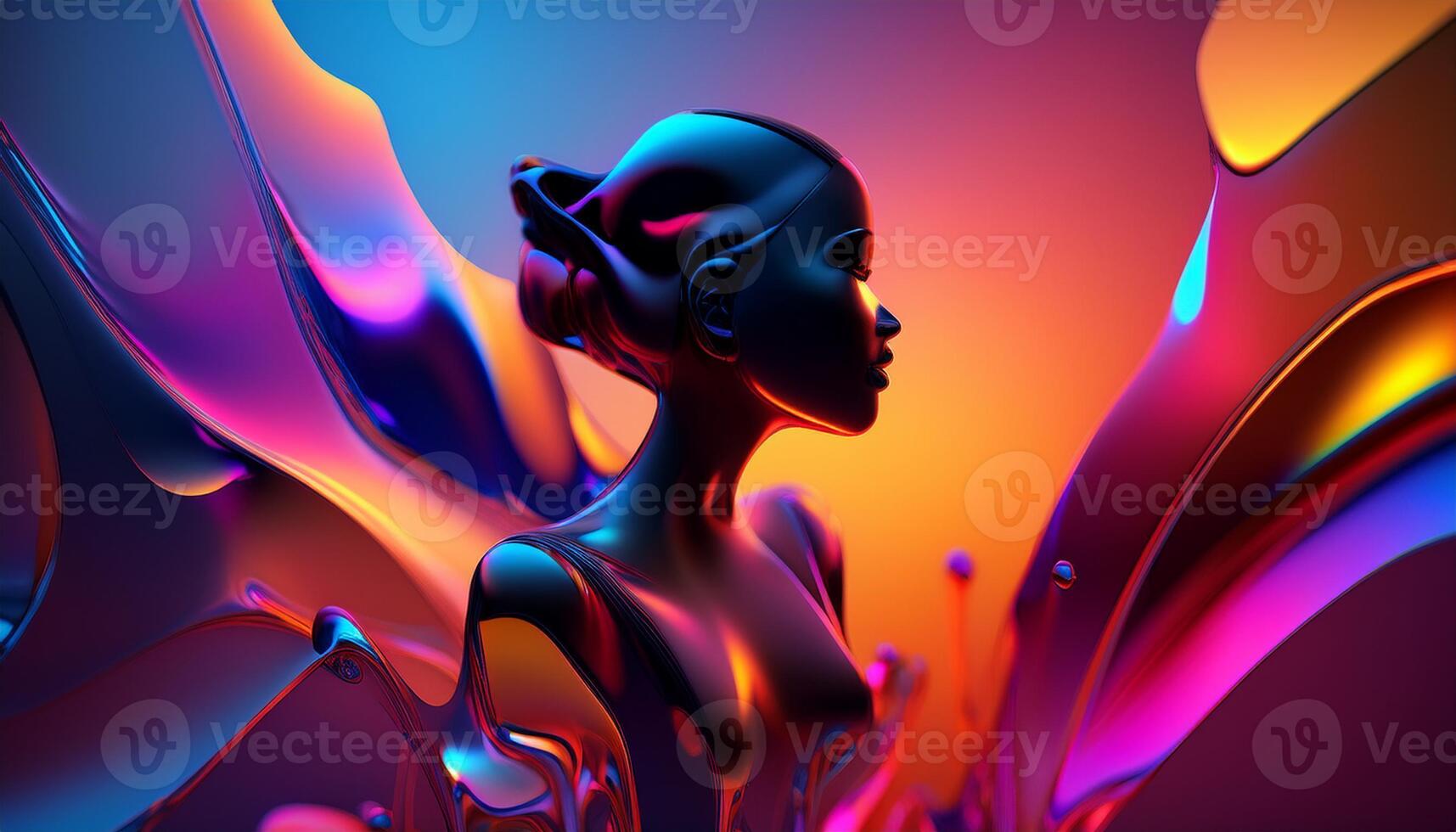 Futuristic 3D-rendered portrait of a woman in a vibrant abstract scene, with fluid shapes and bold neon colors. photo