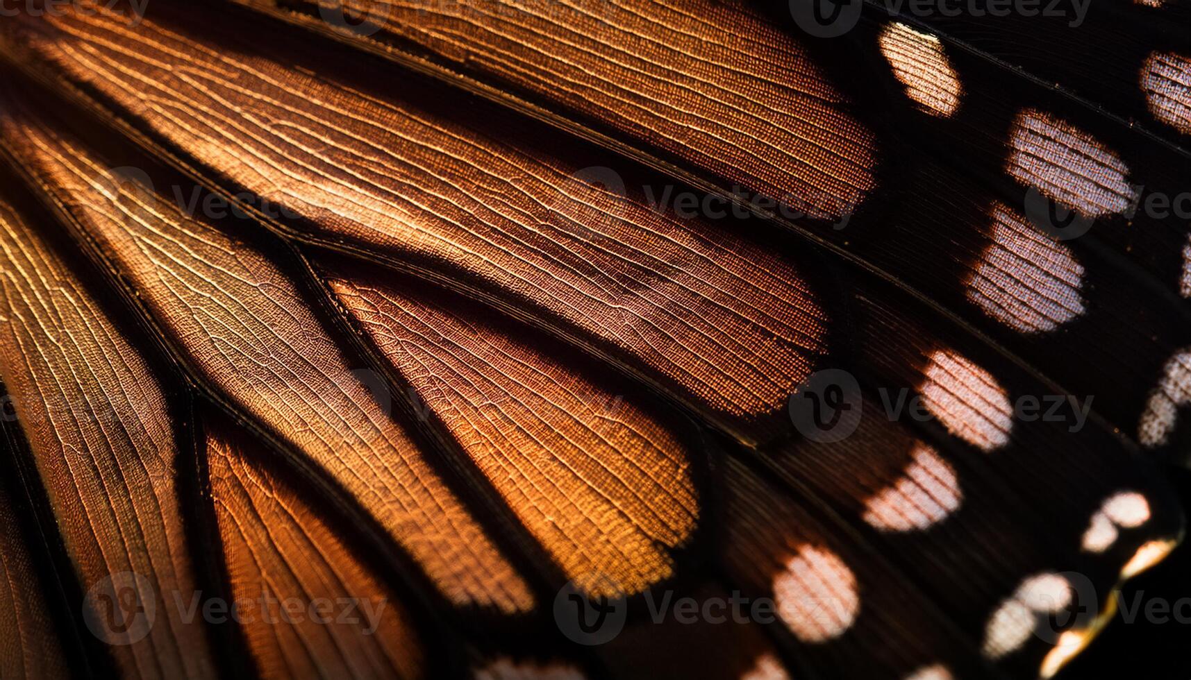 Detailed macro shot of a monarch butterfly wing, showcasing intricate vein patterns, vibrant orange hues, and delicate textures. photo