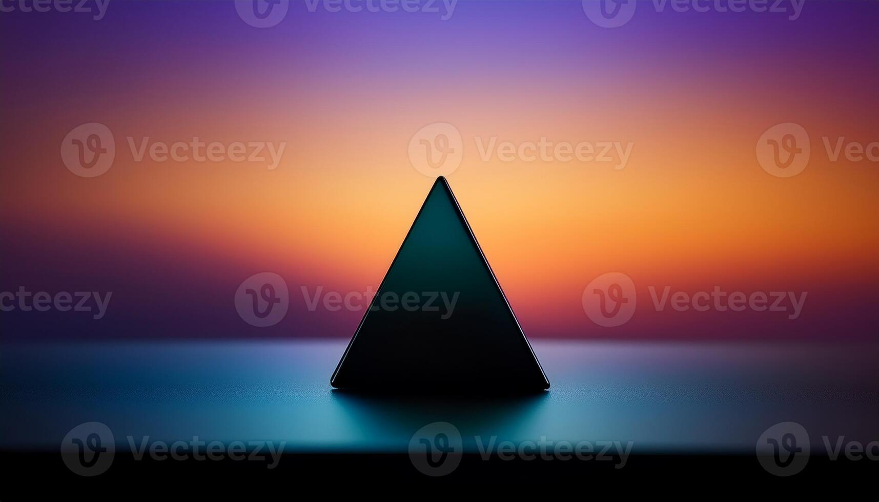 Minimalist pyramid silhouette set against a vibrant gradient background with soft hues of orange, purple, and blue, creating a modern abstract composition. photo