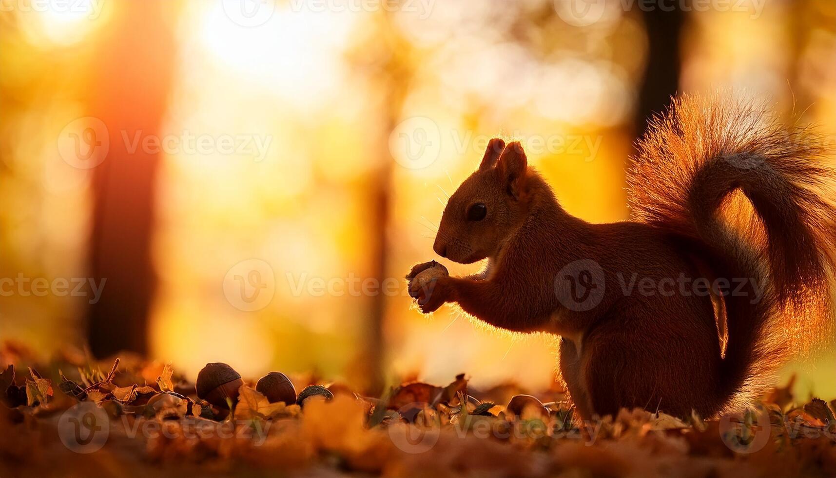 A squirrel holding an acorn on the forest floor surrounded by autumn leaves, bathed in warm sunlight during a golden hour. photo