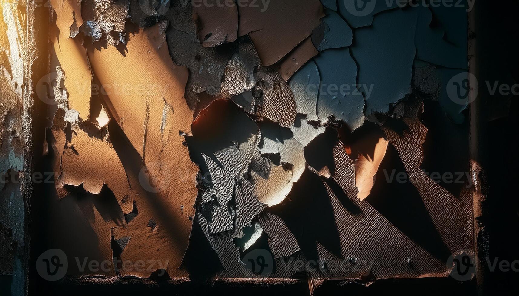 Detailed close-up of cracked and peeling paint on a textured wall, illuminated by warm light, creating a weathered, vintage look. photo