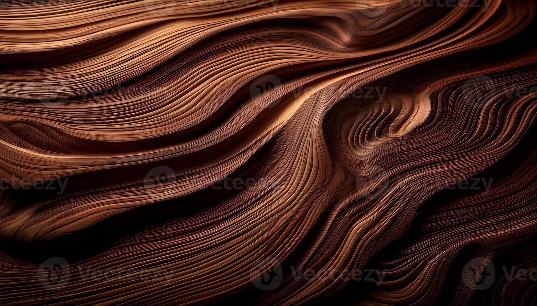 Detailed close-up of abstract wooden texture featuring flowing, wave-like layers of rich brown tones, creating a dynamic, organic design. photo