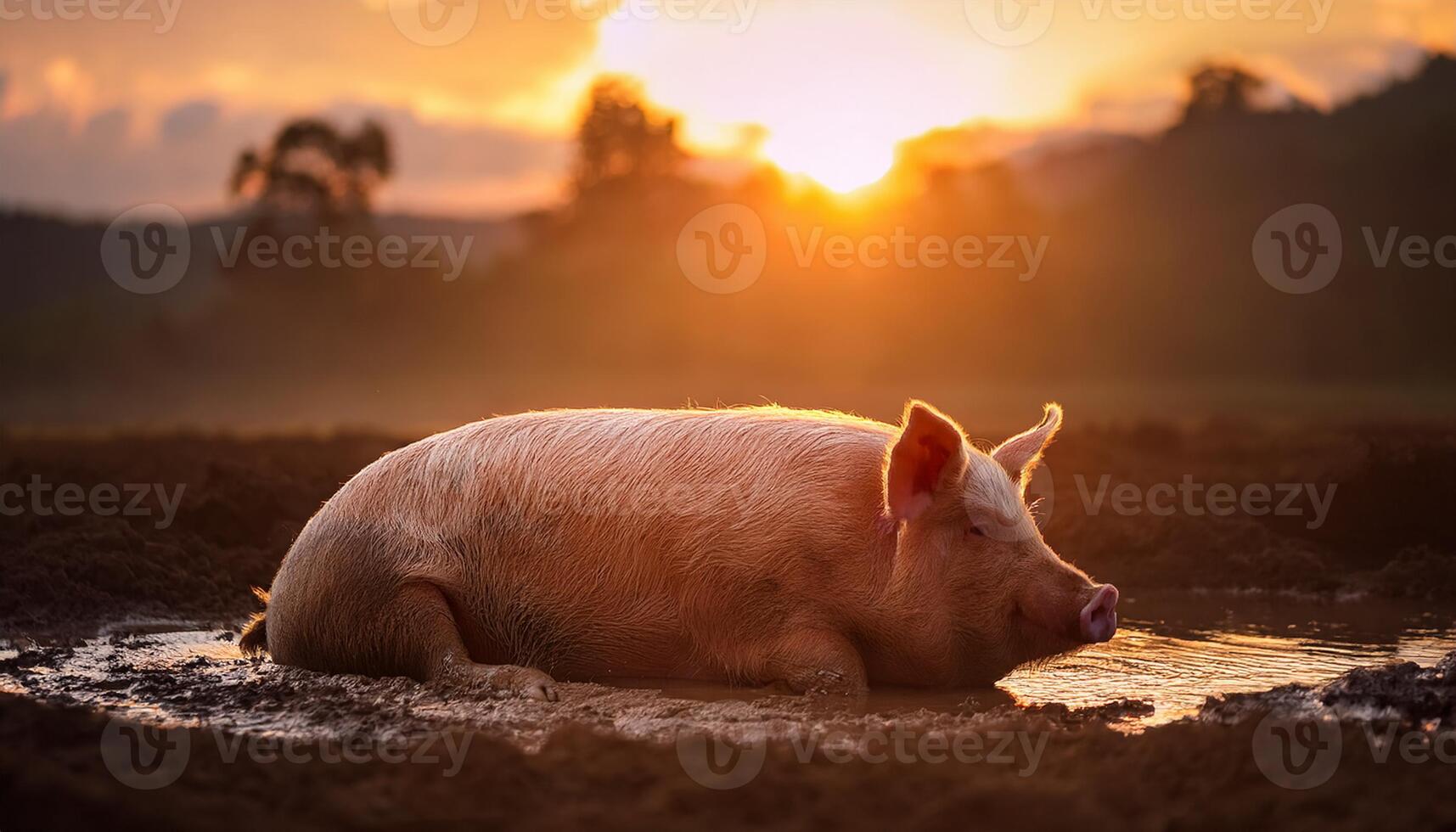 A pig laying in a muddy puddle at sunset, enjoying a peaceful moment in a rural farm setting with warm golden light. photo