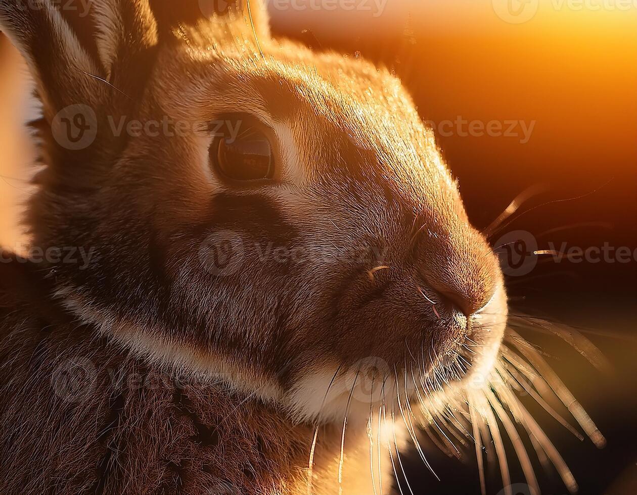 A detailed close-up of a rabbit's face, beautifully illuminated by soft, warm sunset light, highlighting its fur and whiskers. photo