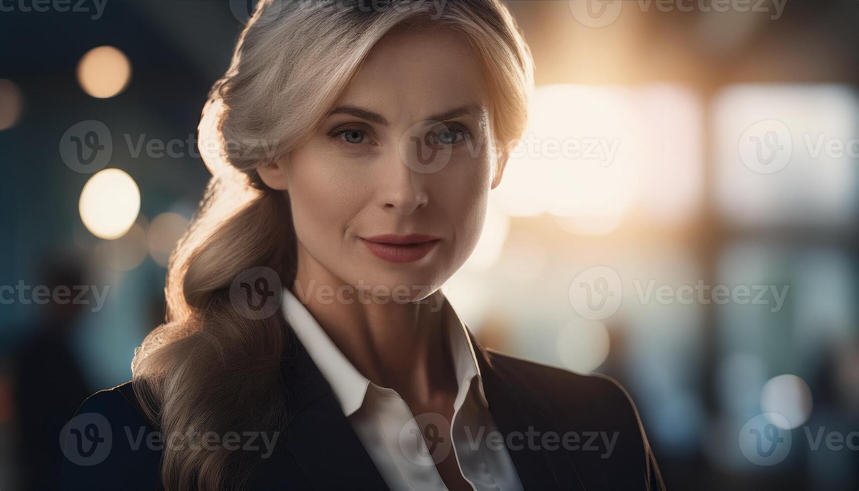 A confident businesswoman in formal attire, captured in soft, natural lighting with a blurred office background, showcasing professionalism and poise. photo