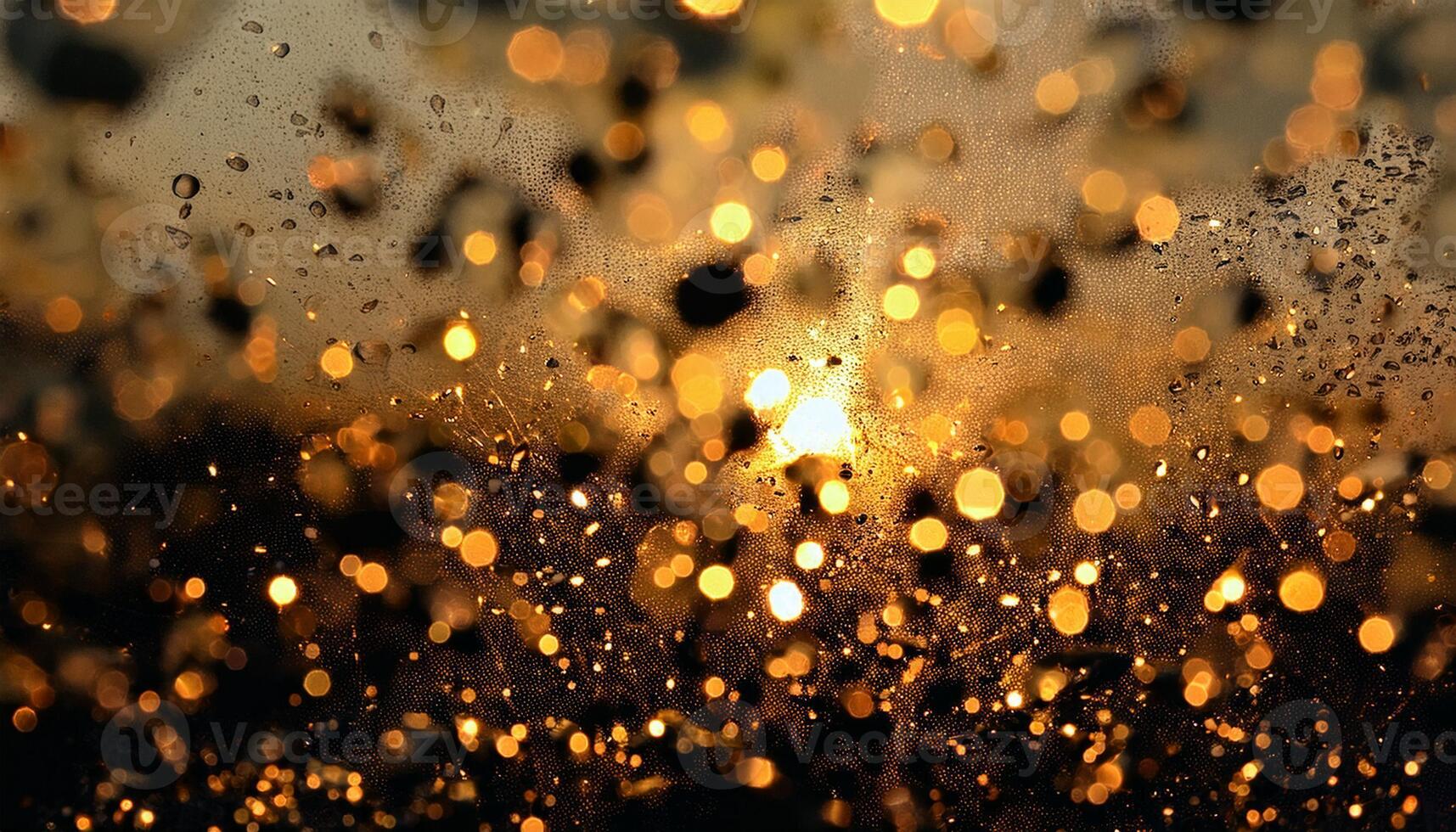 Blurred rain droplets on a glass window illuminated by golden bokeh lights, creating a warm and abstract background effect. photo