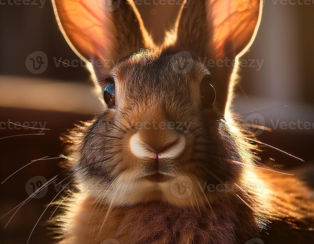 A detailed close-up of a rabbit face illuminated by soft sunlight, highlighting its fur and expressive eyes in a warm, natural glow. photo