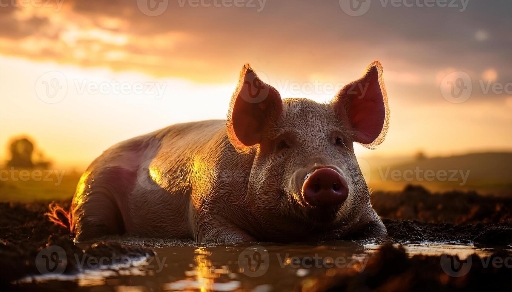 A pig lying in a muddy puddle during sunset, illuminated by warm sunlight, creating a peaceful rural scene with golden hues. photo
