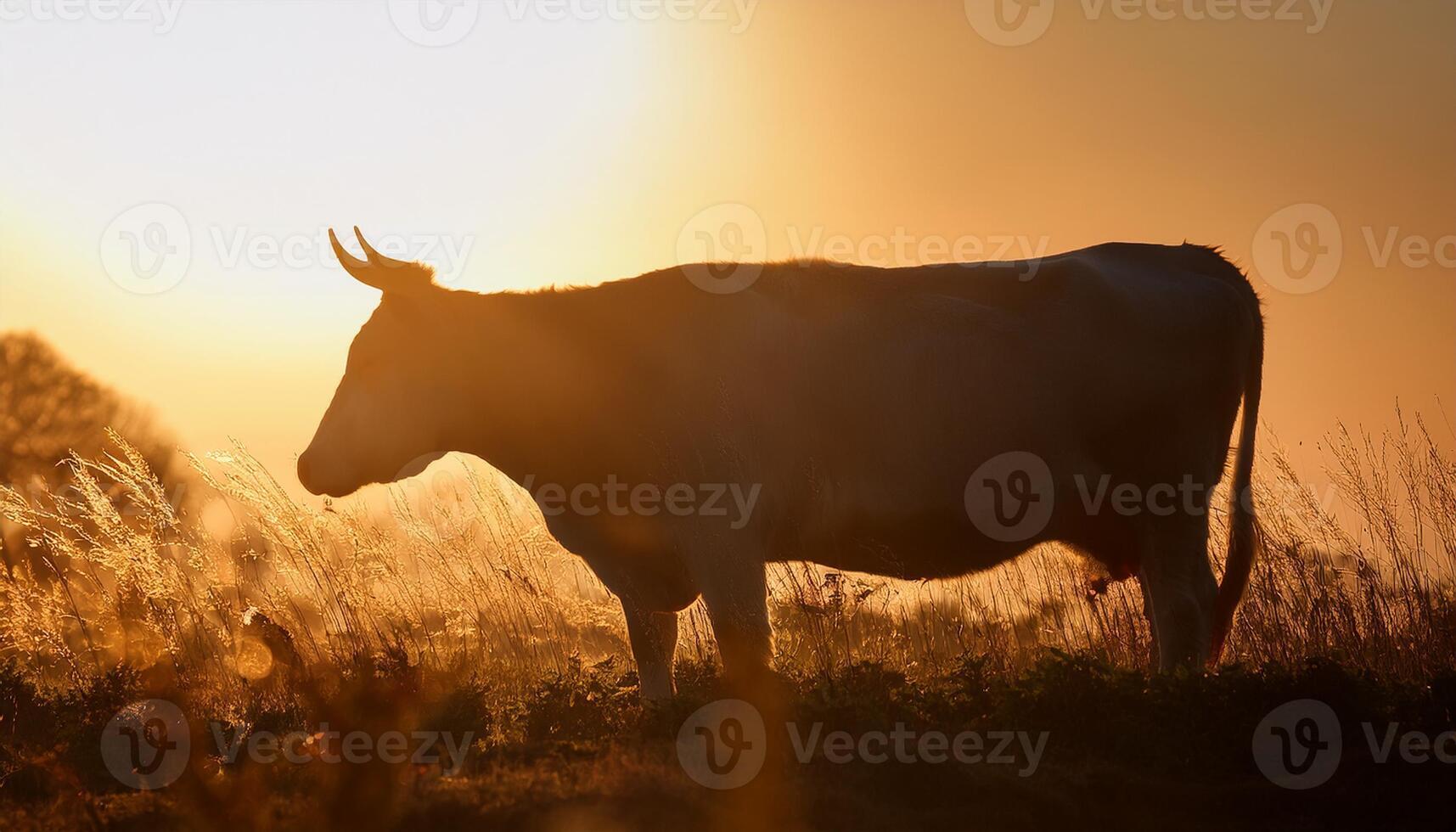 A cow silhouetted against a golden sunset, grazing in a grassy field, creating a peaceful and rustic rural scene. photo