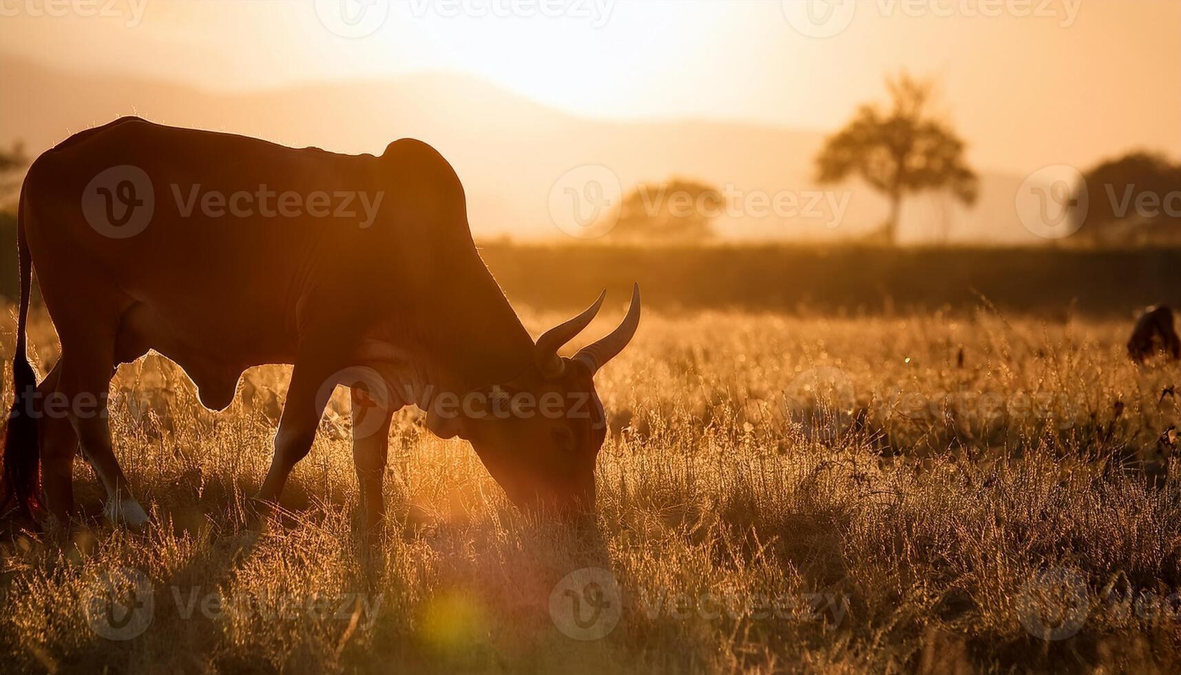 A cow peacefully grazing in a golden field at sunset, illuminated by warm light, creating a tranquil and rural scene. photo