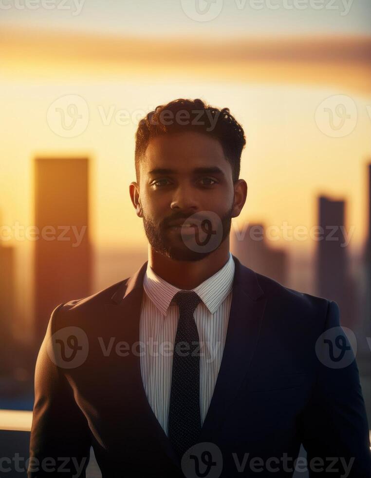 A confident businessman in a suit standing outside at sunset, with a city skyline in the background, creating a professional and dynamic image. photo