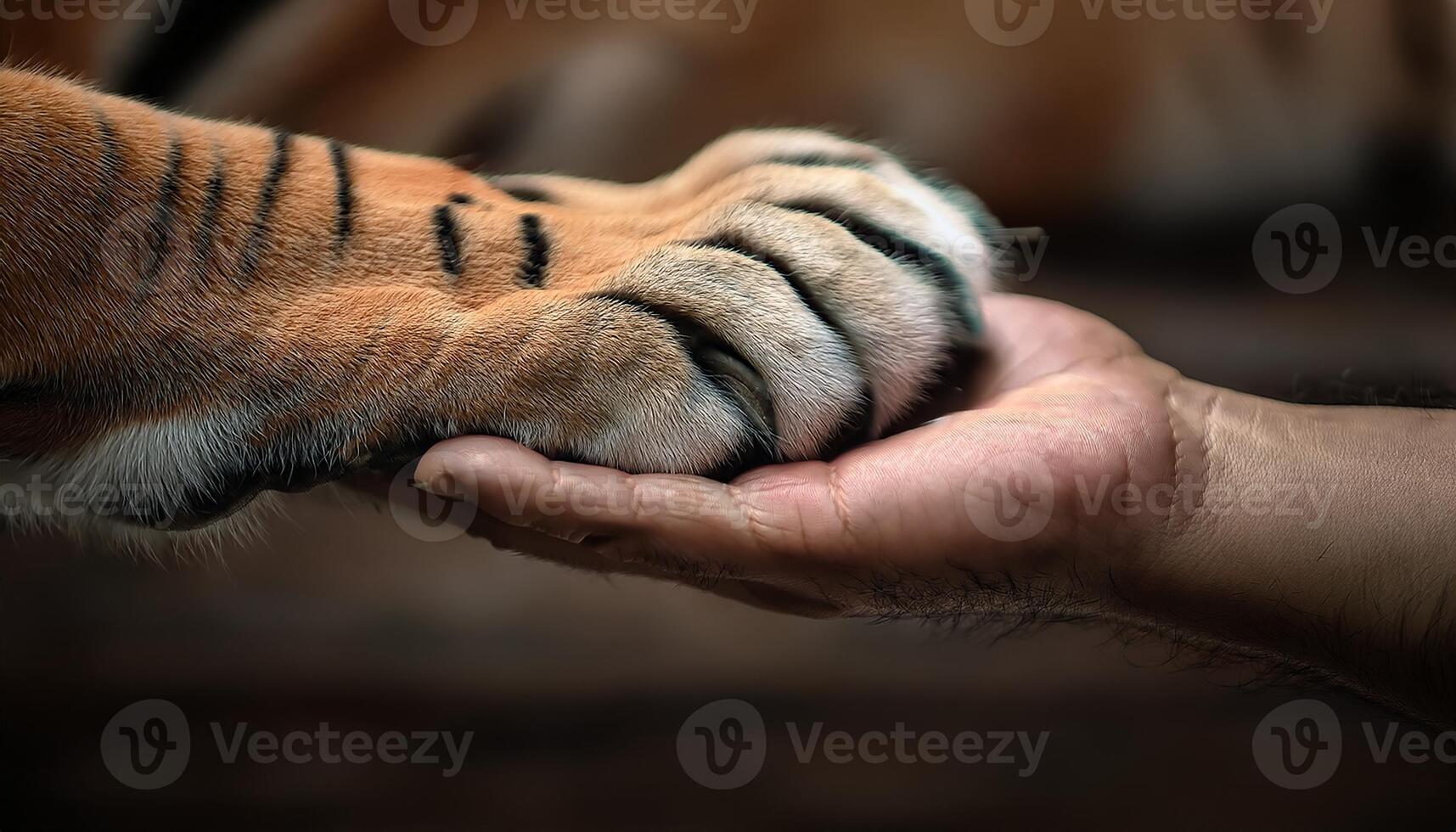 Close-up of a human hand holding a tiger's paw, showcasing a unique bond and trust between man and wild animal. photo