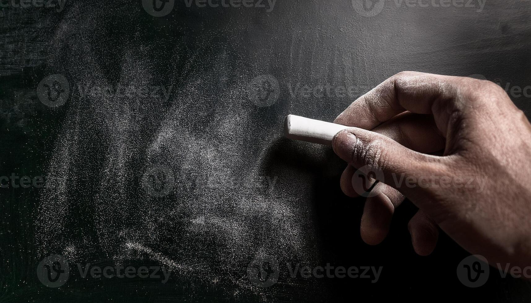A close-up of a hand holding white chalk, with dust on a blackboard surface, symbolizing education and learning. photo