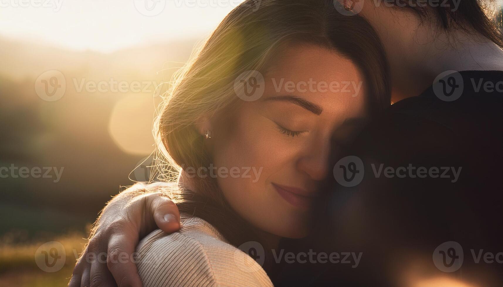 A close-up of a woman with her eyes closed, embracing a loved one, bathed in soft, warm sunlight. photo