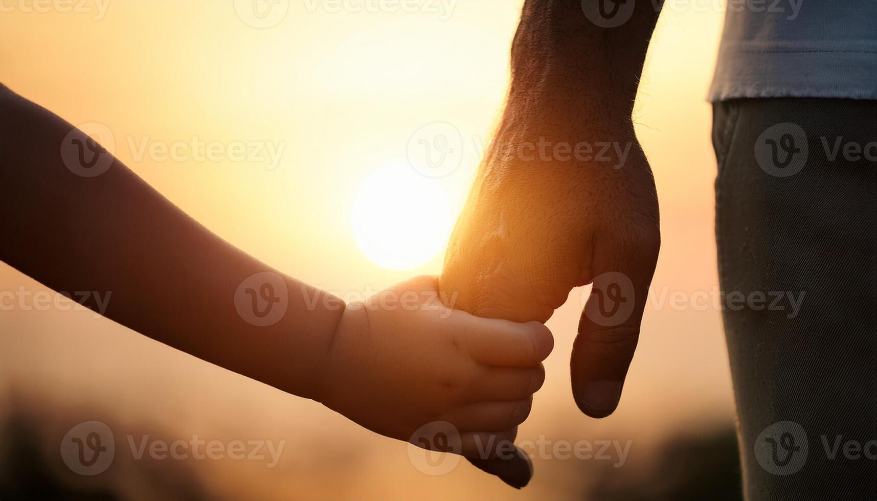 Close-up of a child and adult holding hands against a warm sunset backdrop, symbolizing love, guidance, and family bond. photo