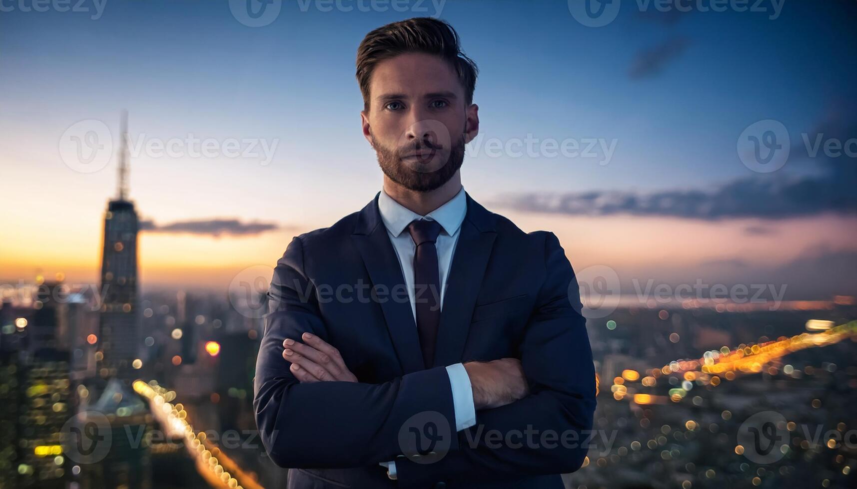 Portrait of a confident businessman in a suit with arms crossed, standing against a city skyline during twilight. photo