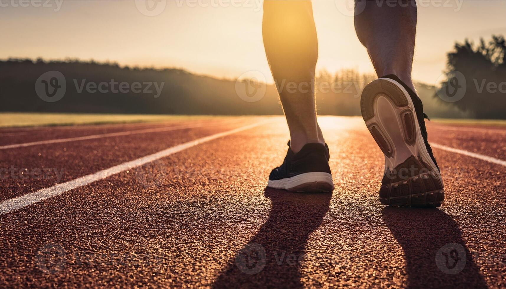 Close-up of a runner's legs and shoes on an outdoor track, captured in the warm glow of sunrise. photo