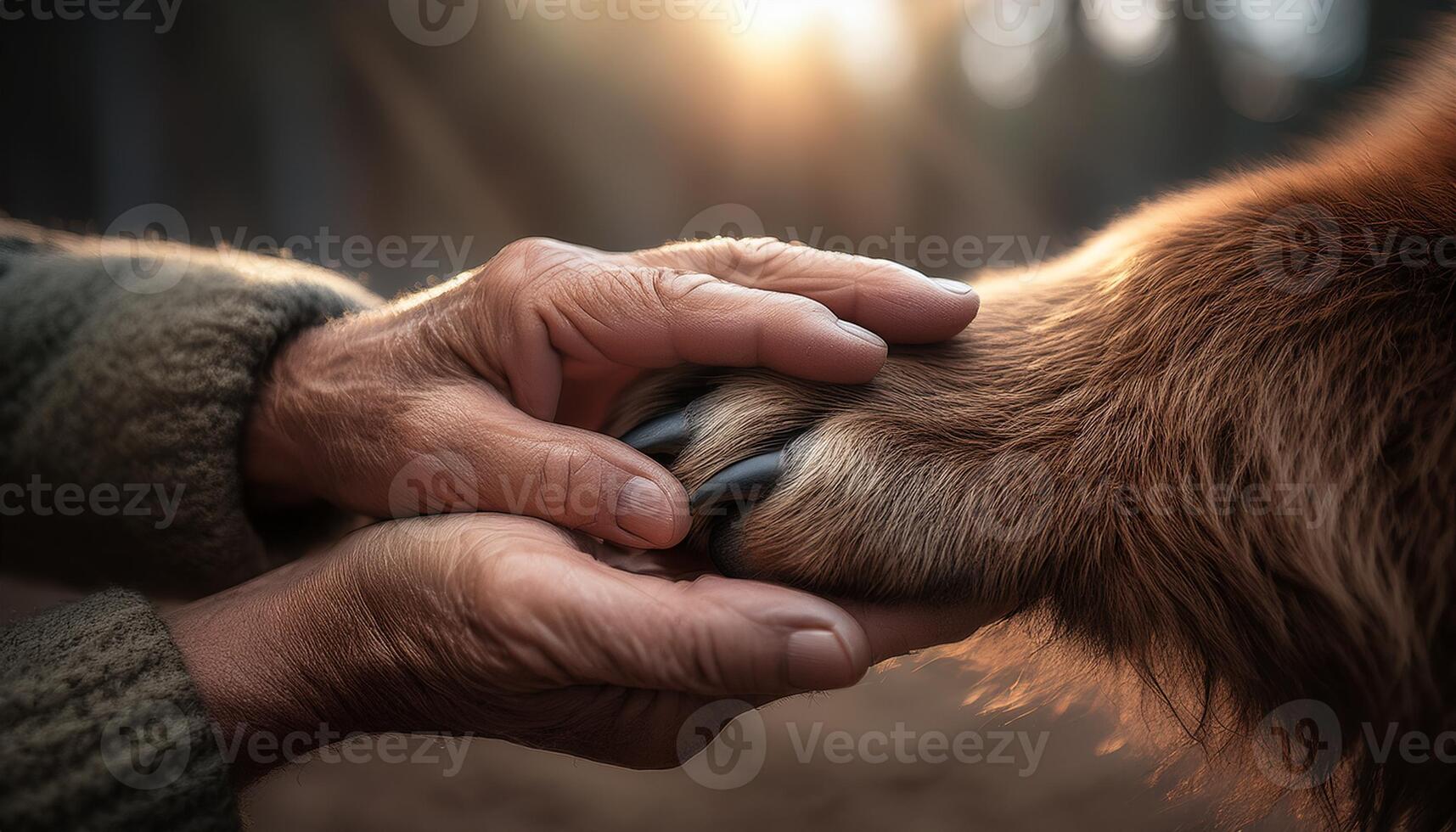 Close-up of a human hand gently holding a dog's paw, symbolizing friendship, trust, and the bond between pets and their owners. photo